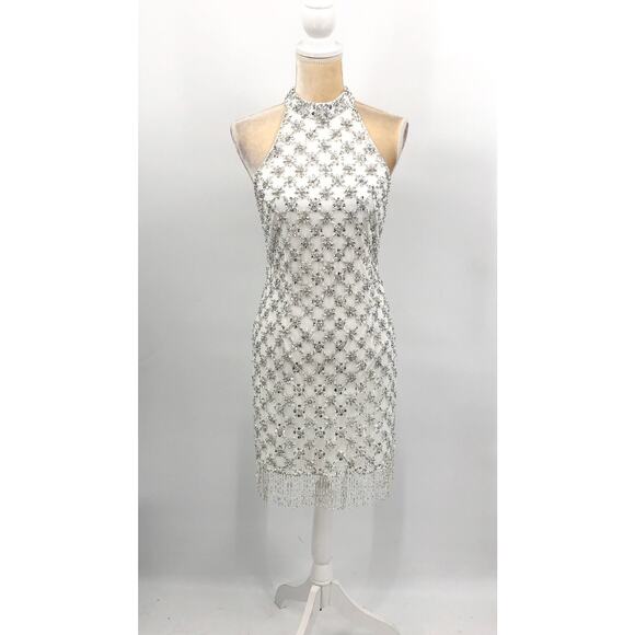 LIV FOSTER Sequin Beaded Halter Dress Size 6 Ivory Bead Fringe Trim NWT FLAW - Picture 4 of 16